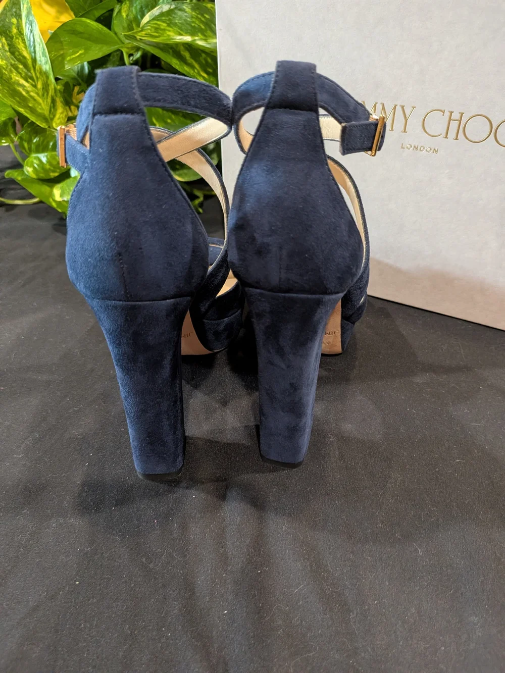 Jimmy Choo April 120 Women's Navy Suede Crisscross Platform High Block Heel